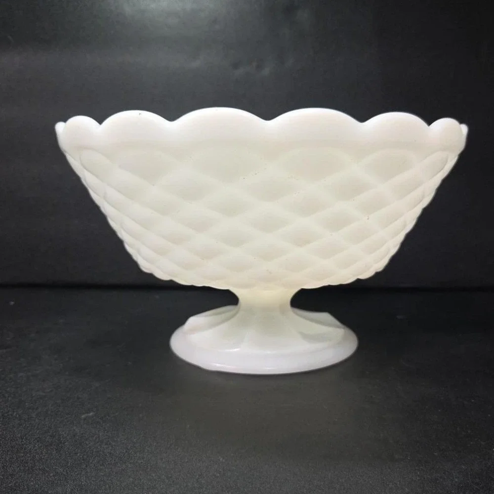 Milk Glass Diamond Quilt Footed Fruit Bowl, Vintage White Pedestal Compote
